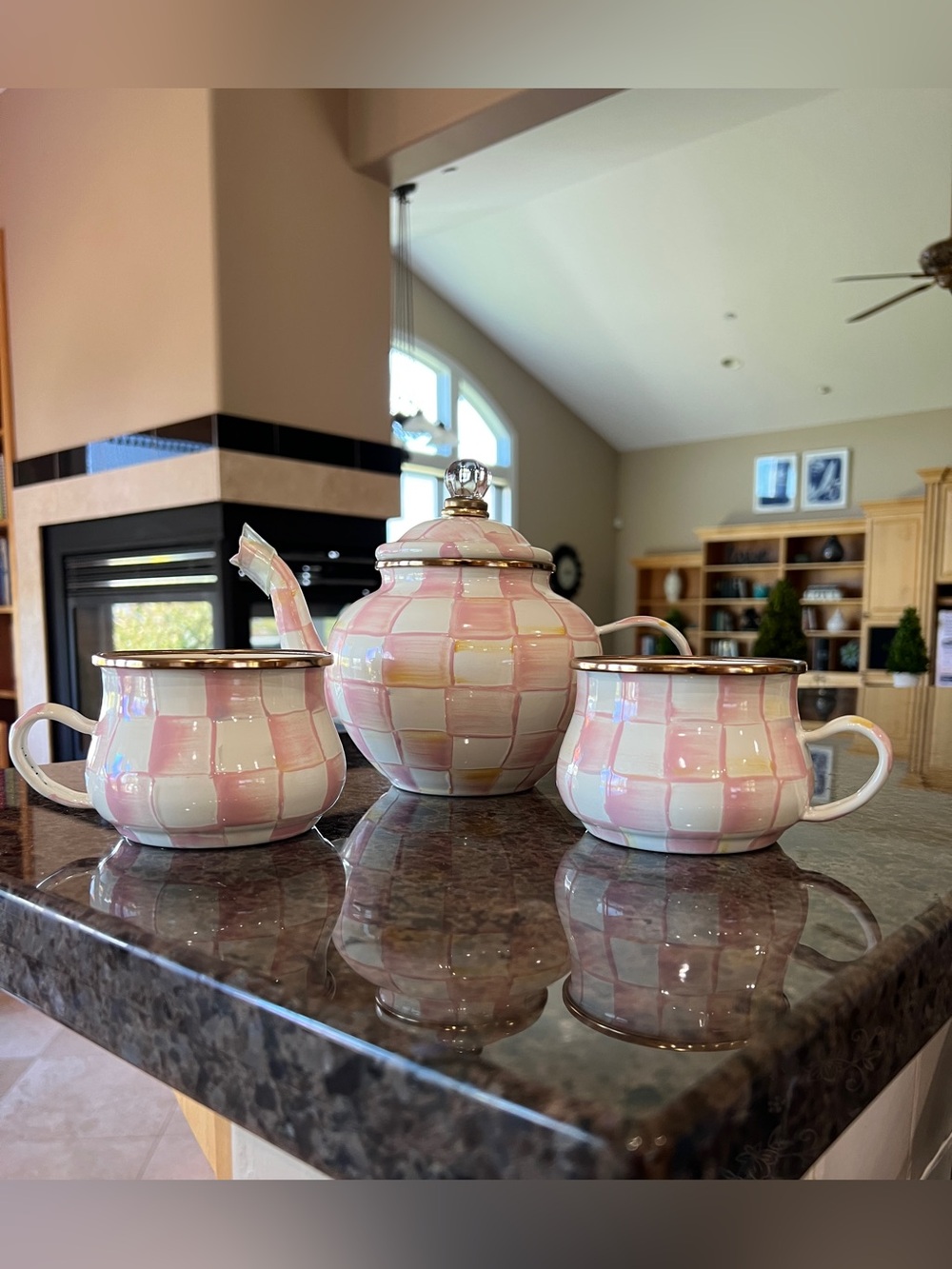 Mackenzie-Childs 4-Cup Teapot w/Two Mugs - Rosey Check